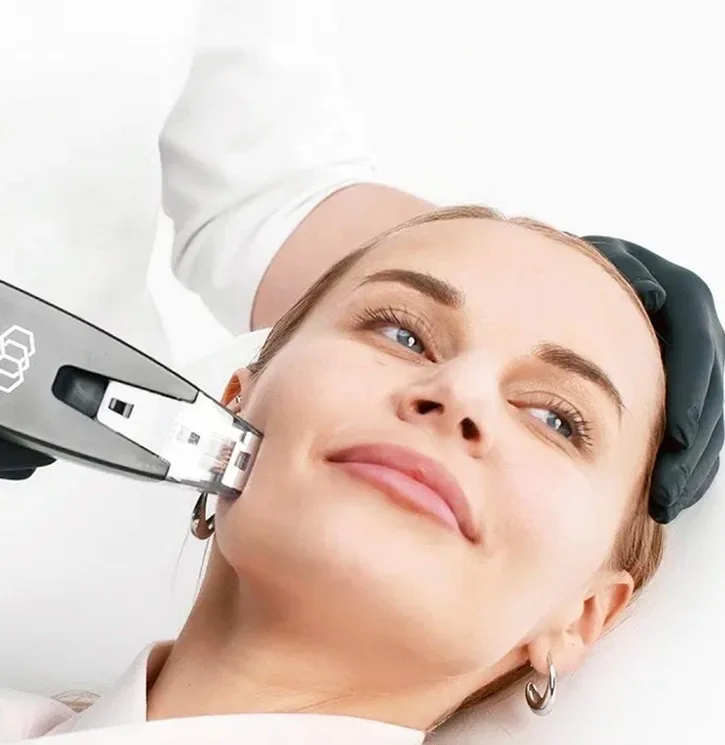 A laser handpiece passed over a patient's lower leg