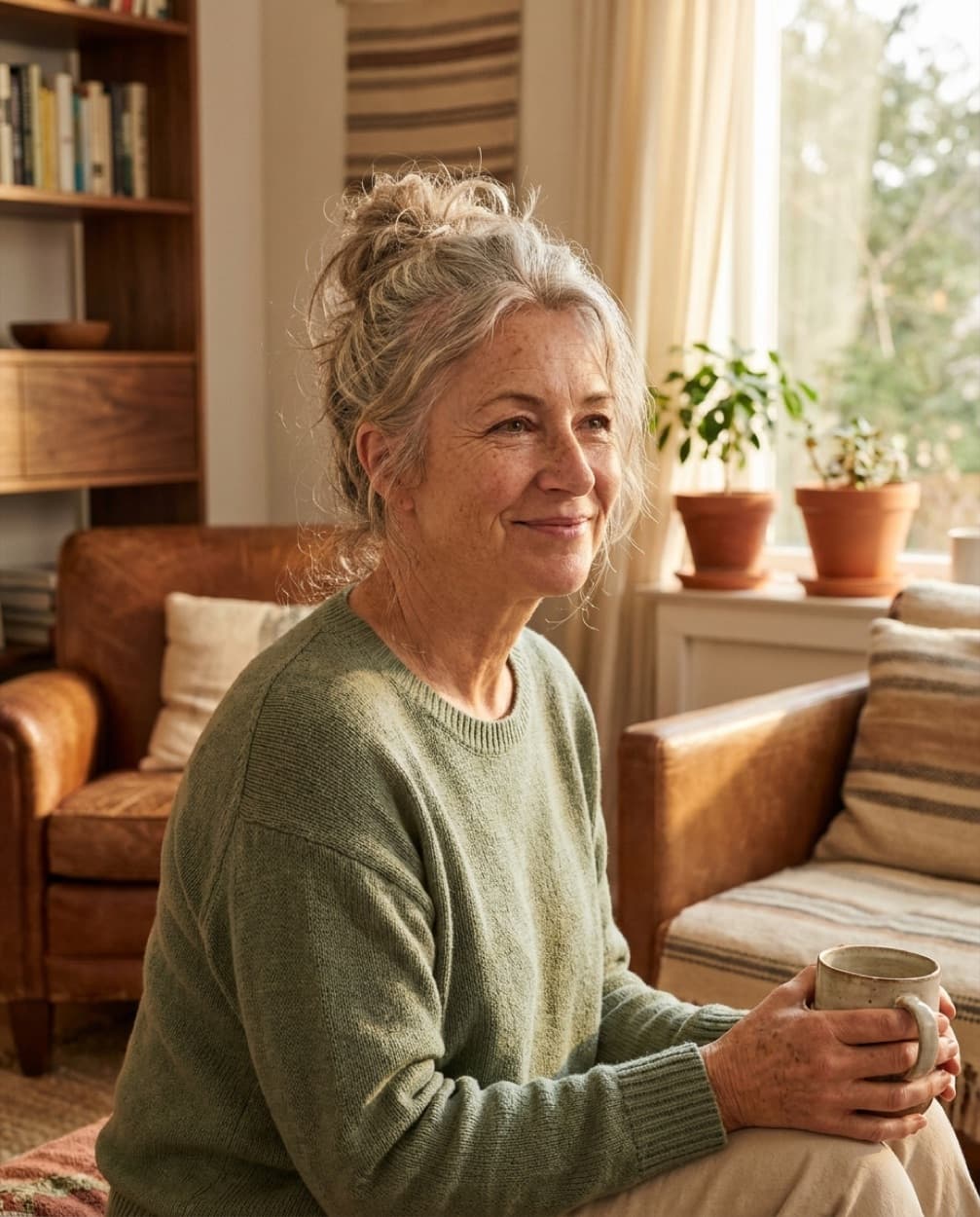 Radiant woman in her fifties relaxing at home with a warm mug