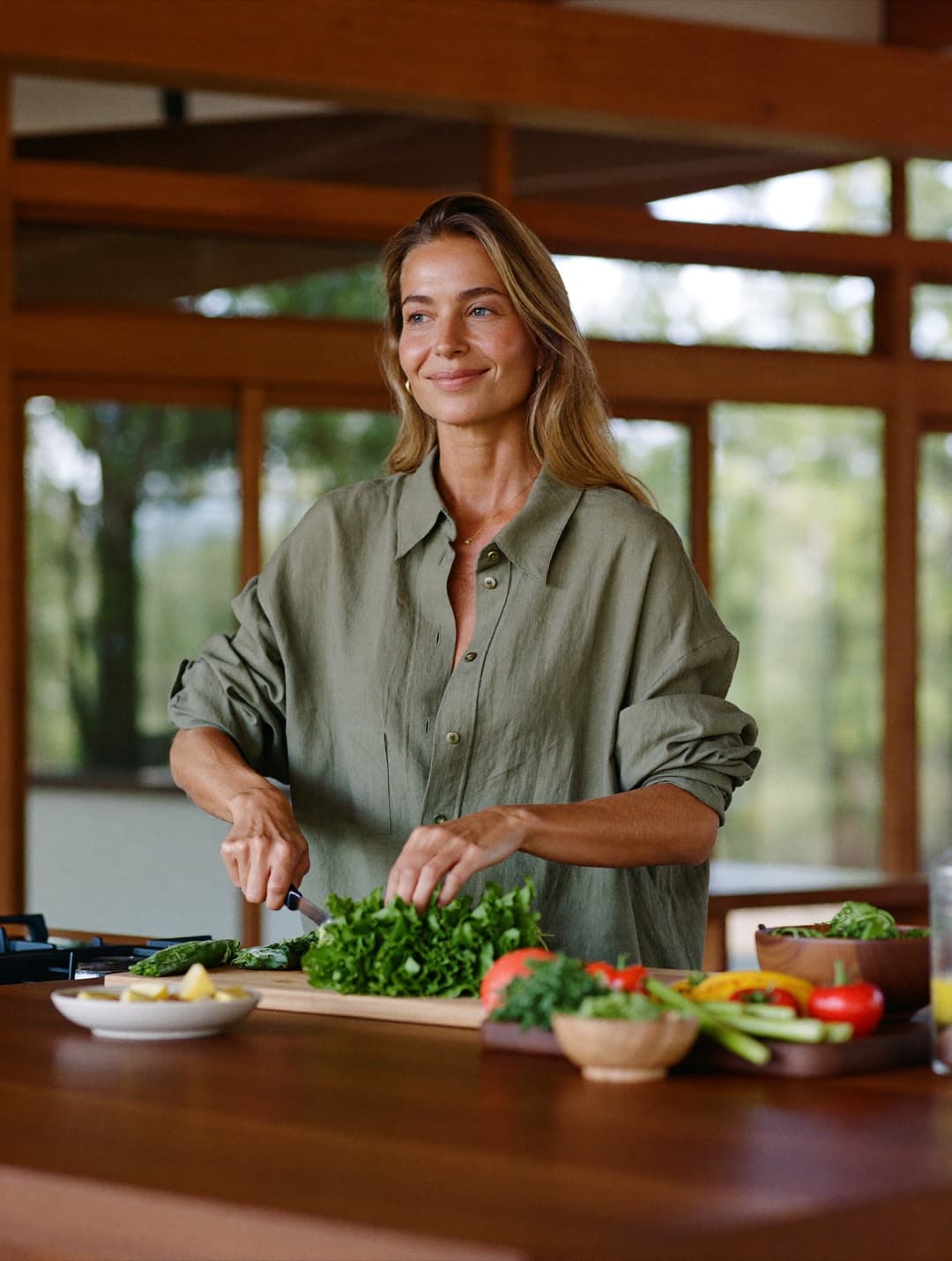 Woman preparing fresh food in a bright, warm kitchen