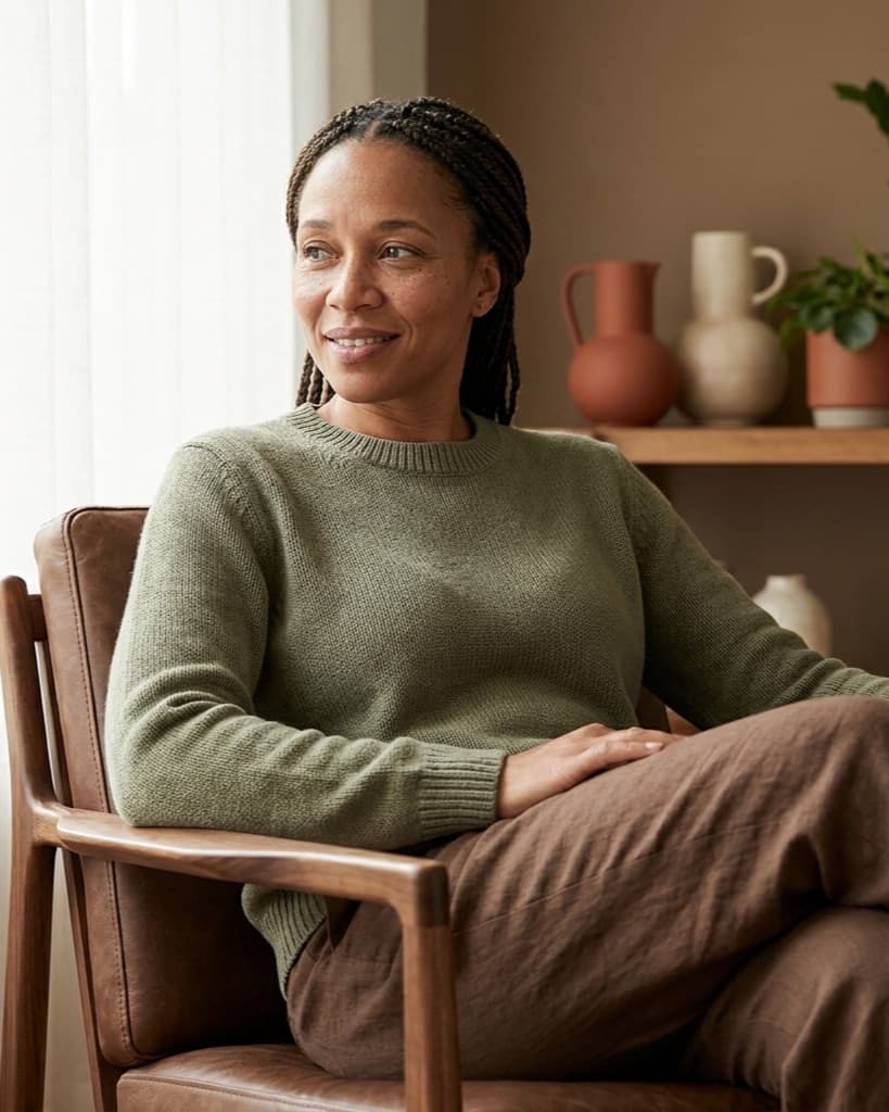 Woman relaxing calmly in a warm, light-filled room