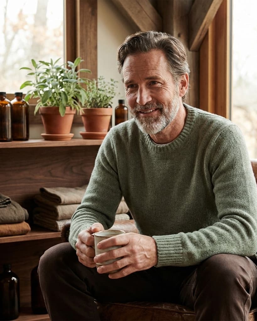 Relaxed man in his fifties with a warm drink in a sunlit room