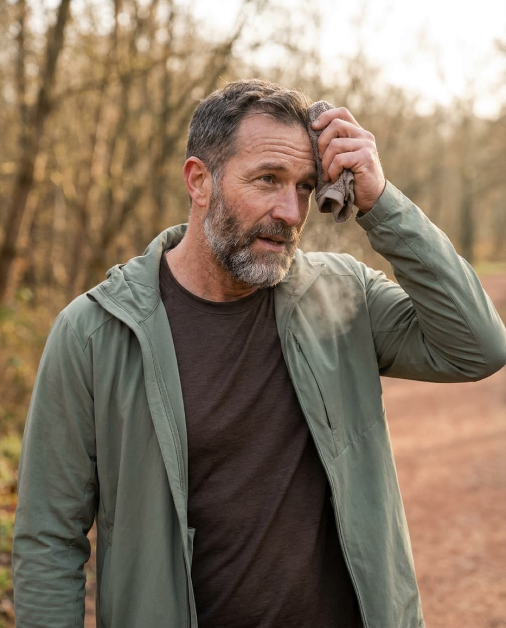 Active man in his forties resting after a run on a wooded trail