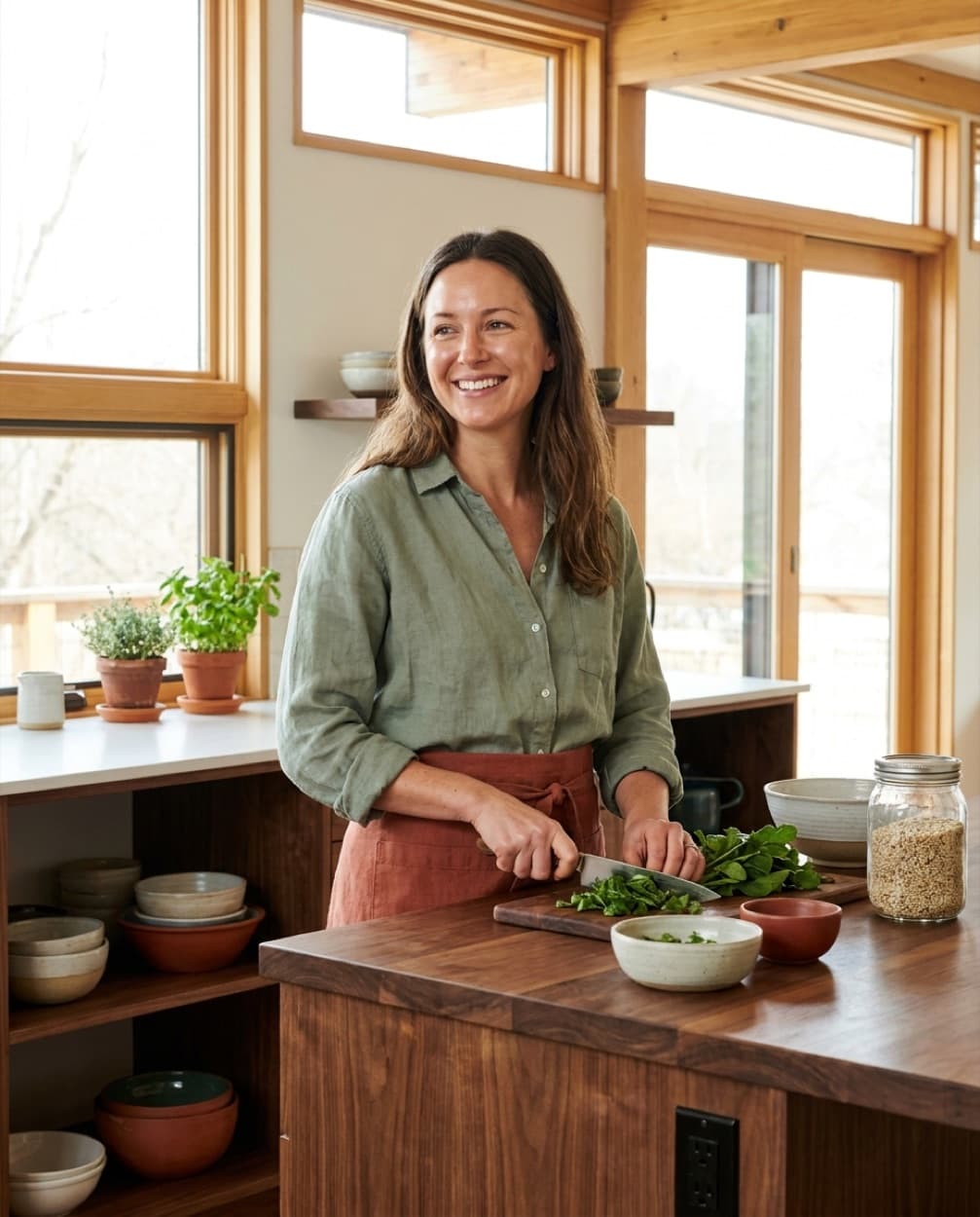 Woman preparing fresh food in a bright, warm kitchen