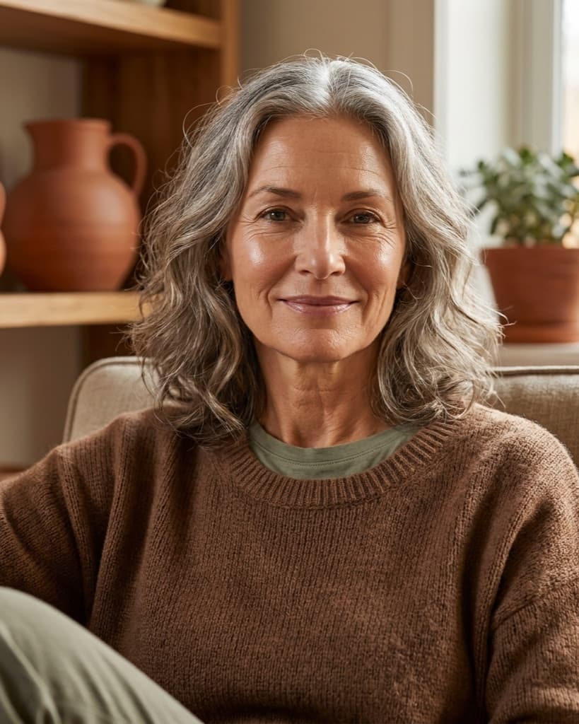Confident woman in her fifties at home in a warm interior